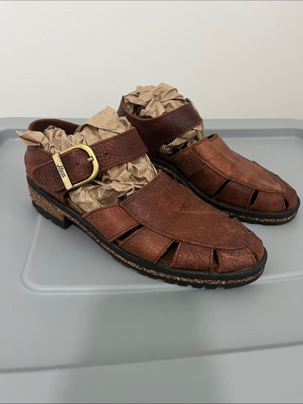 Bass Leather Fisherman Sandals (Sz 8.5) Cognac Brown Cork